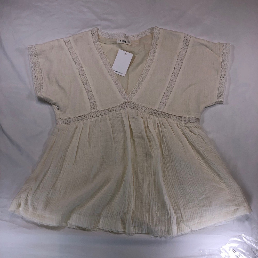 In Loom Womens Cream Lace Trim Babydoll Gauze Top IL4041 Medium